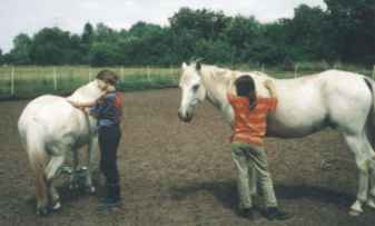 Zwei Kinder mit Pferden auf dem Reitplatz